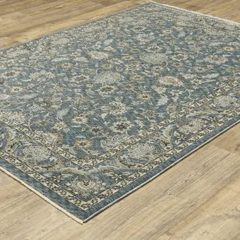10' X 13' Blue And Beige Oriental Area Rug With Fringe