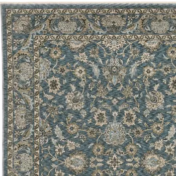 7' X 10' Blue And Beige Oriental Area Rug With Fringe