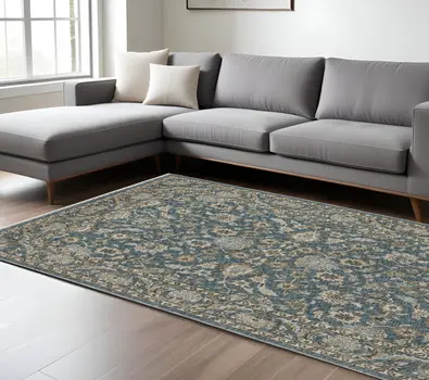 7' X 10' Blue And Beige Oriental Area Rug With Fringe