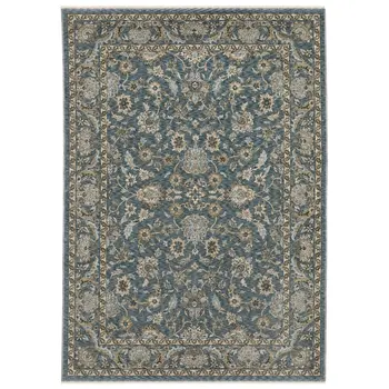 7' X 10' Blue And Beige Oriental Area Rug With Fringe