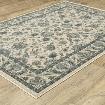 10' X 13' Beige And Blue Oriental Area Rug With Fringe
