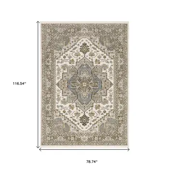 7' X 10' Ivory And Gold Medallion Distressed Area Rug With Fringe