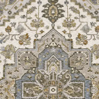 7' X 10' Ivory And Gold Medallion Distressed Area Rug With Fringe