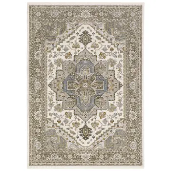 7' X 10' Ivory And Gold Medallion Distressed Area Rug With Fringe