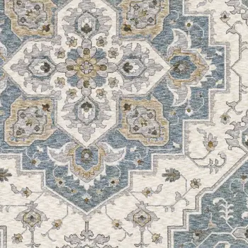 5' X 8' Blue And Ivory Medallion Distressed Area Rug With Fringe