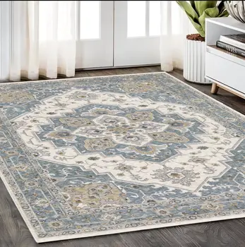 5' X 8' Blue And Ivory Medallion Distressed Area Rug With Fringe