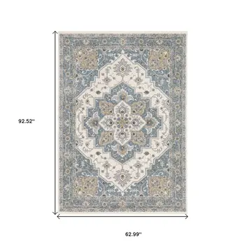 5' X 8' Blue And Ivory Medallion Distressed Area Rug With Fringe