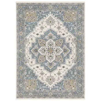 10' X 13' Blue And Ivory Medallion Distressed Area Rug With Fringe