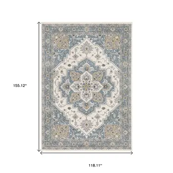 10' X 13' Blue And Ivory Medallion Distressed Area Rug With Fringe