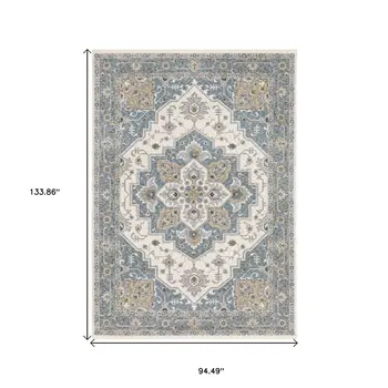 8' X 11' Blue And Ivory Medallion Distressed Area Rug With Fringe