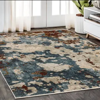 5' X 8' Beige Rust And Teal Abstract Distressed Area Rug With Fringe