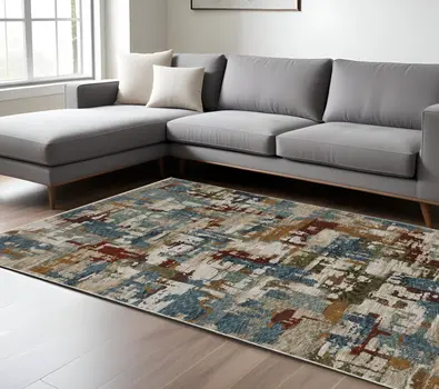 8' X 11' Beige Rust And Teal Abstract Distressed Area Rug With Fringe