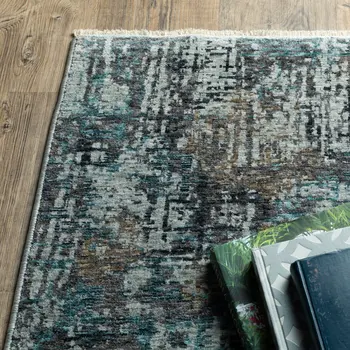 5' X 8' Blue And Gray Abstract Distressed Area Rug With Fringe