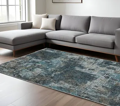 8' X 11' Blue And Gray Abstract Distressed Area Rug With Fringe