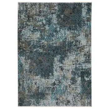 8' X 11' Blue And Gray Abstract Distressed Area Rug With Fringe