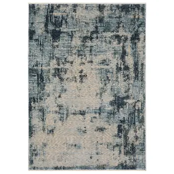 8' X 11' Beige And Blue Abstract Distressed Area Rug With Fringe