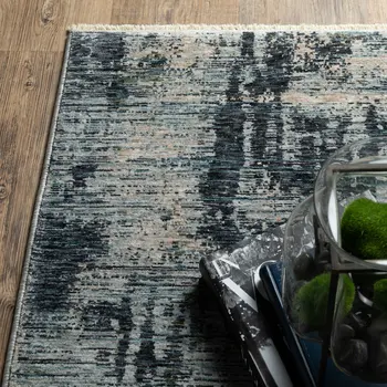 8' X 11' Beige And Blue Abstract Distressed Area Rug With Fringe