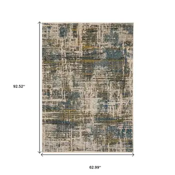 5' X 8' Blue And Gold Abstract Distressed Area Rug With Fringe