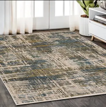 5' X 8' Blue And Gold Abstract Distressed Area Rug With Fringe