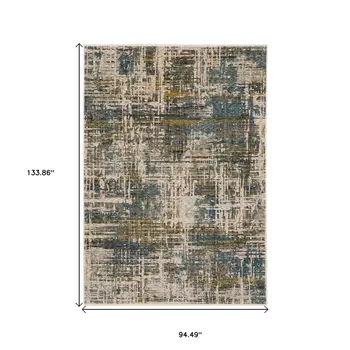 8' X 11' Blue And Gold Abstract Distressed Area Rug With Fringe