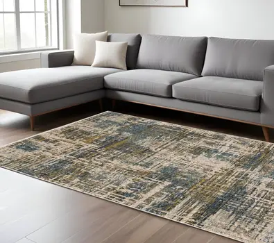 8' X 11' Blue And Gold Abstract Distressed Area Rug With Fringe