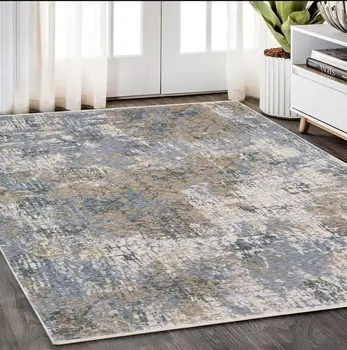 5' X 8' Beige And Blue Abstract Distressed Area Rug With Fringe