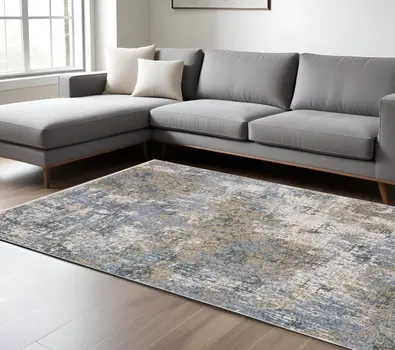 10' X 13' Beige And Blue Abstract Distressed Area Rug With Fringe