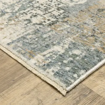 10' X 13' Beige And Blue Abstract Distressed Area Rug With Fringe