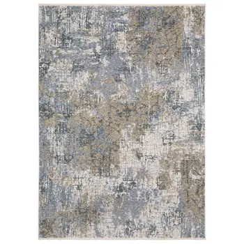 7' X 10' Beige And Blue Abstract Distressed Area Rug With Fringe
