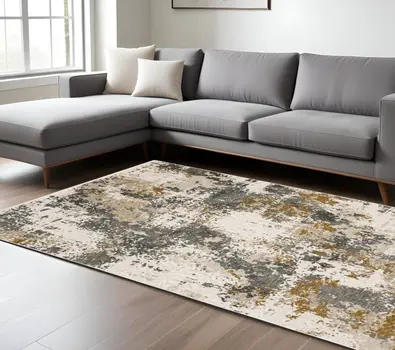 10' X 13' Beige And Gray Abstract Distressed Area Rug With Fringe