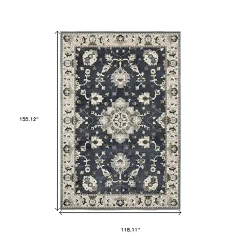 10' X 13' Blue Ivory And Gray Oriental Area Rug