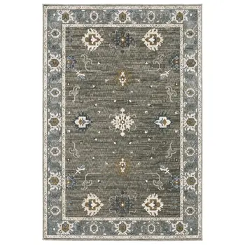 5' X 8' Blue Ivory And Gray Oriental Area Rug