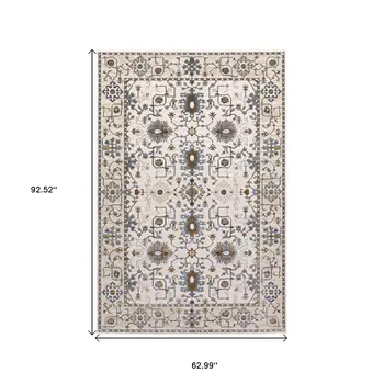 5' X 8' Ivory Burnt Orange And Blue Oriental Area Rug