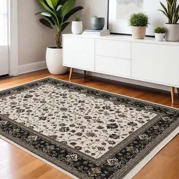 4' X 6' Ivory Oriental Area Rug With Fringe