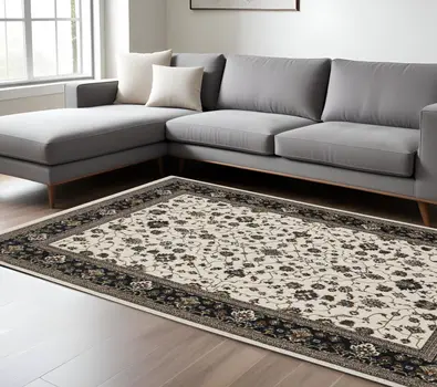 7' X 10' Ivory Oriental Area Rug With Fringe