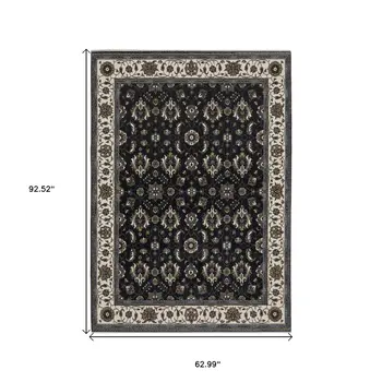5' X 8' Blue And Ivory Oriental Area Rug With Fringe
