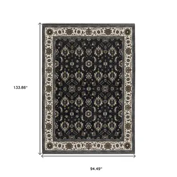 8' X 11' Blue And Ivory Oriental Area Rug With Fringe