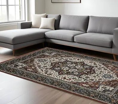 10' X 13' Red Black And White Medallion Area Rug With Fringe