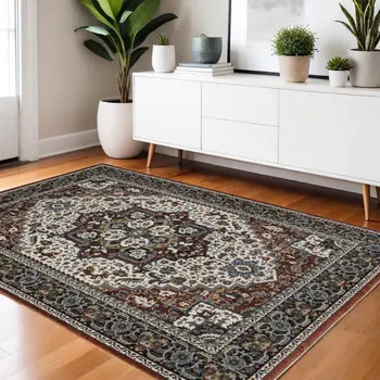4' X 6' Red Black And White Medallion Area Rug With Fringe