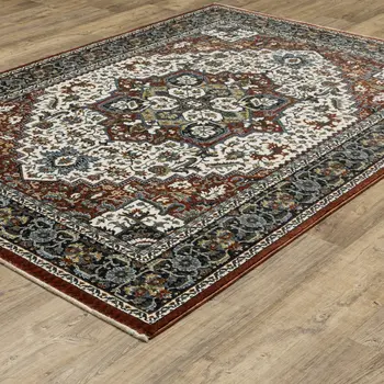 4' X 6' Red Black And White Medallion Area Rug With Fringe