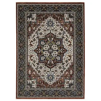 7' X 10' Red Black And White Medallion Area Rug With Fringe