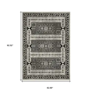 5' X 8' Ivory And Charcoal Oriental Area Rug With Fringe