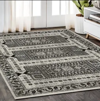 5' X 8' Ivory And Charcoal Oriental Area Rug With Fringe