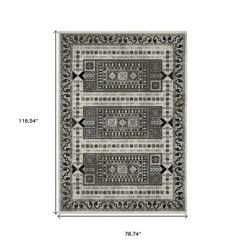 7' X 10' Ivory And Charcoal Oriental Area Rug With Fringe