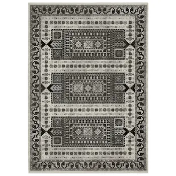 7' X 10' Ivory And Charcoal Oriental Area Rug With Fringe