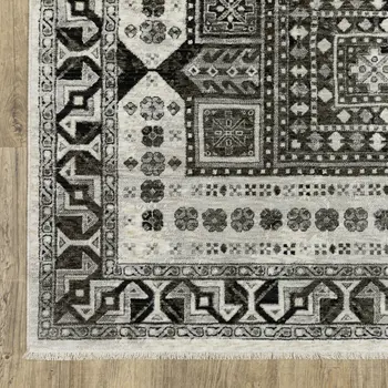 7' X 10' Ivory And Charcoal Oriental Area Rug With Fringe