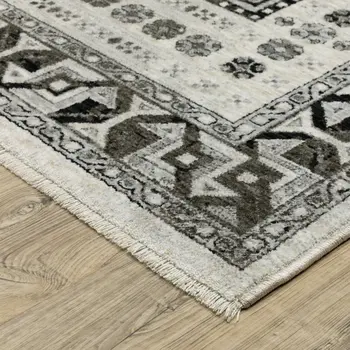 8' X 11' Ivory And Charcoal Oriental Area Rug With Fringe