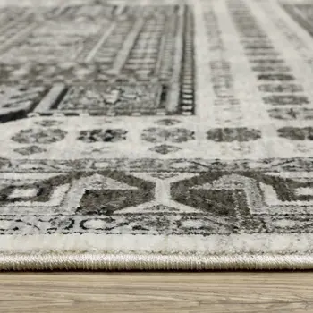 8' X 11' Ivory And Charcoal Oriental Area Rug With Fringe