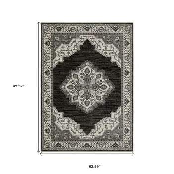 5' X 8' Charcoal And Ivory Medallion Area Rug With Fringe