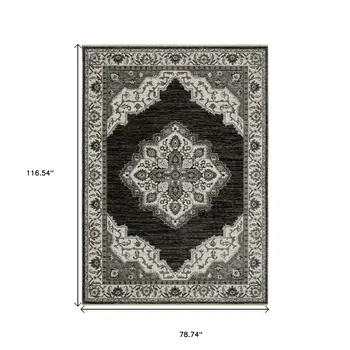 7' X 10' Charcoal And Ivory Medallion Area Rug With Fringe